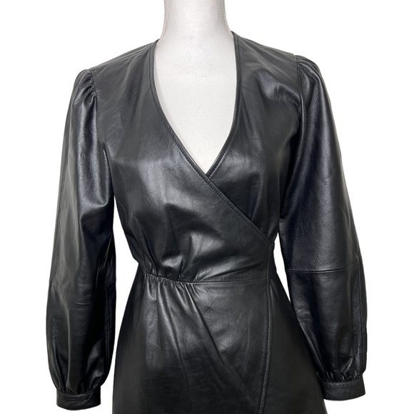Maje Rosetola Long Sleeve Leather Wrap Dress Black Size 1 - Picture 6 of 17